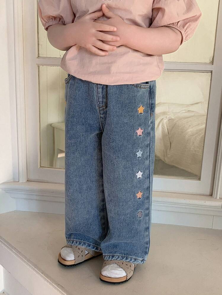 Toddler Girls' Korean Style Loose Washed Denim With Five-Pointed Star Embroidery