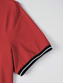 Calvornis 男士拼色短袖高爾夫 Polo 衫，紅黑條紋滾邊，夏季休閒百搭通勤上衣，老錢風，適合戶外活動與正式場合 - 紅色 - 查看 4
