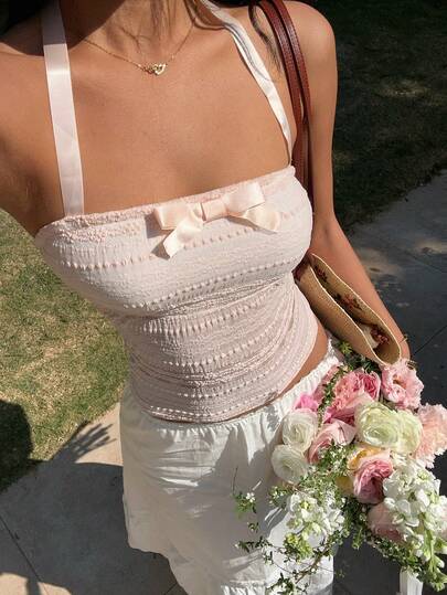 Sunnyshic Women's Halter Tie Bow Decor Fitted Casual Top, Versatile For Dates And Outings