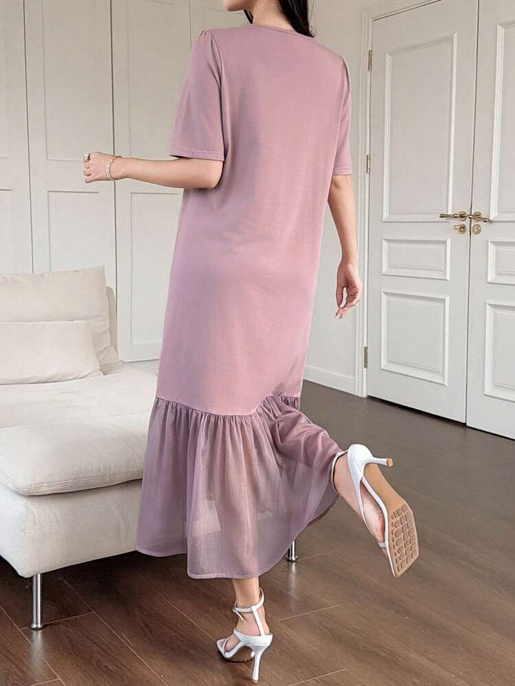 Women's Elegant Patchwork Ruffle Trim Round Neck Midi Dress Wedding Guest Dress Summer Sundress