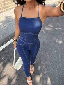 SHEIN PETITE Women's Fashionable Backless Tie-Up Skinny Denim Jumpsuit, Summer - Blue - View 3