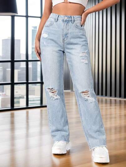 Pantalón femenino casual tipo jeans  de tiro alto con rotos efecto lavado ajuste regular sin cuello sin mangas primavera verano uso diario pantalón