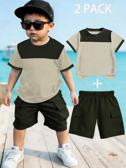 1 Set T-Shirt And Shorts, Colorblock Design, Fashionable And Versatile, Suitable For Summer Wear And Outings