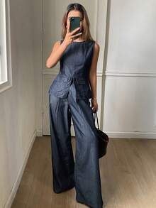 DAZY Conjunto casual de chaleco de mezclilla sin mangas de cuello redondo y pantalones vaqueros rectos y sueltos para mujer - Azul lavado oscuro - Ver 8
