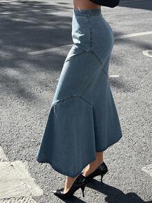 DAZY 女士牛仔美人鱼半身裙，镂空设计，优雅Y2K风格 - 中等水洗藍 - 查看 5