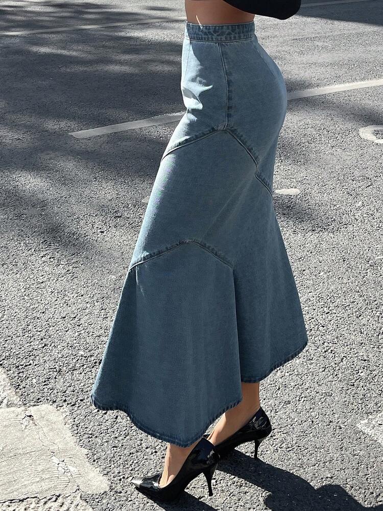 DAZY Chân váy denim đuôi cá dành cho nữ với thiết kế khoét eo, phong cách thanh lịch Y2K. - Rửa trung bình - Xem 5