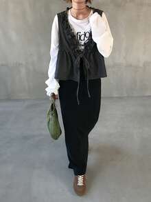 FRIFUL Women's Casual Washed Denim Sleeveless Top With Ruffle Hem And Tie