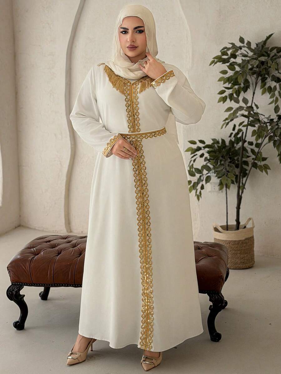 Dazy Plus Valentine Elegant Sequin Fringe Decor Long Sleeve Robe With Tie Waist, Plus Size, Spring/Summer Maxi Dress Sundress - White - View 1