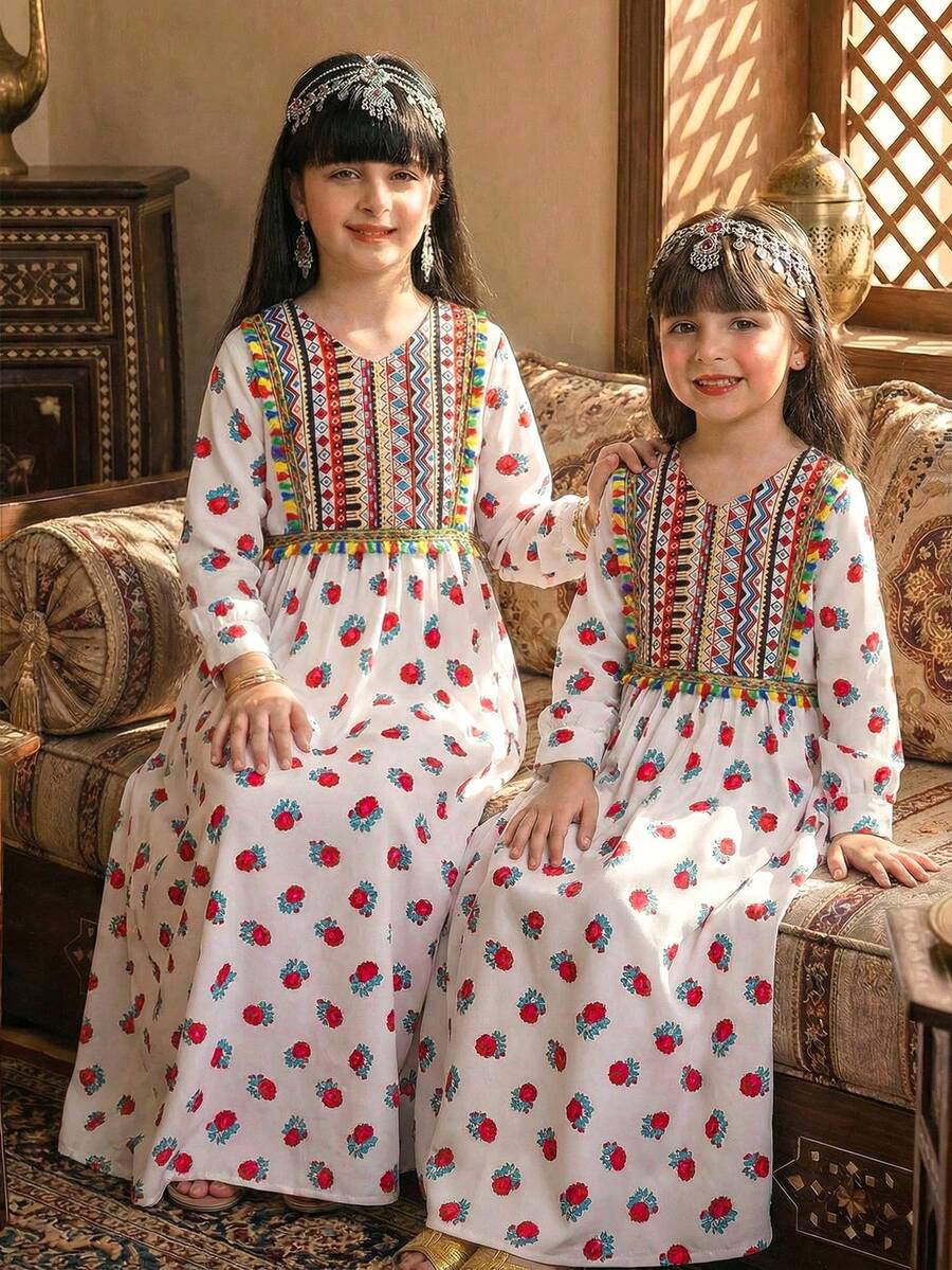 1pc Young Girls' Vintage Floral Rose Print V-Neck Long Sleeve Elastic Waist Maxi Dress, Retro Palace Style, Versatile Middle Eastern Fashion