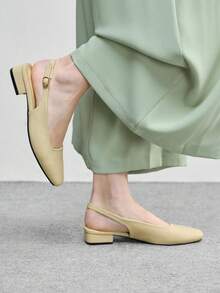 CUCCOO BIZCHIC Women's Exquisite Square Toe Light Yellow Simple Commuting Workplace Wear Low-Heeled Thick-Heeled Shoes, Exposed Heel Shoes - Mustard Yellow - View 3