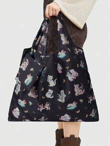 ROMWE Kawaii Bolso de tote plegable de gran capacidad con estampado de corazones y notas musicales de moda, bolso de compras portátil con monedero - Gato líder - View 7