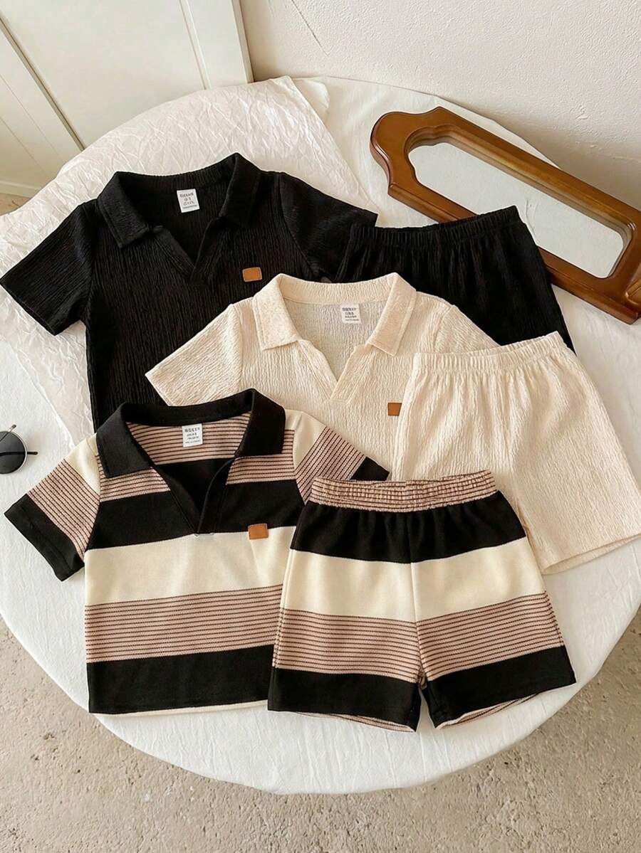 SHEIN 6pcs/Set Unisex Baby Boy/Girl Cute Striped & Solid Color Polo Collar Short Sleeve Shirt And Shorts Set, Spring/Summer Baby Boy Clothes, Outfits - Multicolor - View 1