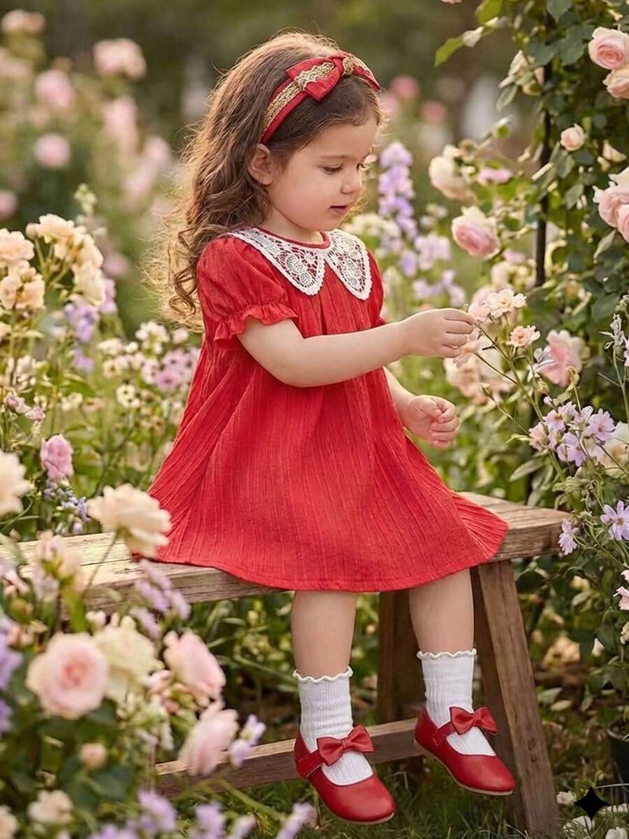 女婴甜美蕾丝领装饰短袖A字连衣裙，适合外出、休闲穿着和派对，夏季 - 紅色 - 查看 1