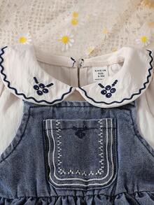 SHEIN Vintaside Kids Bộ váy yếm denim và áo sơ mi ngắn tay cho bé gái, màu đào, tay phồng, thêu hoa, họa tiết sóng nhẹ, dáng chữ A rộng rãi, cổ áo Peter Pan. - Nhiều màu - Xem 6