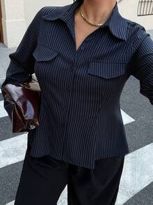 Dazy Plus 时尚条纹翻领长袖紧身短款开衫衬衫，春夏款 - 藏蓝色 - 查看 5