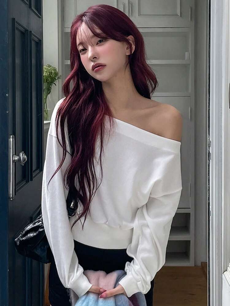 Asymmetric One Shoulder Casual Short Solid Color Long Sleeve Sweatshirt For Women
