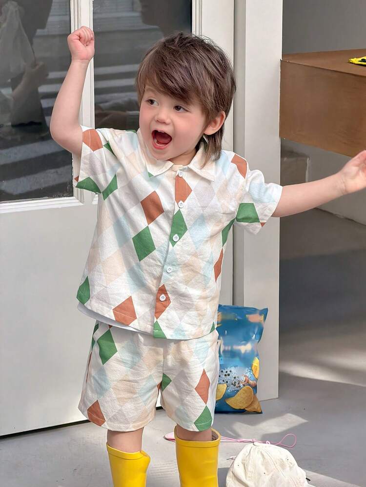 Baby Boy Summer Casual Colorblock Plaid Short Sleeve Shirt And Shorts Set