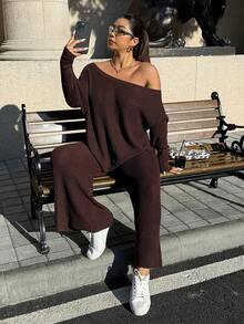 Muchica Plus Size Asymmetric Collar Long Sleeve Sweatshirt And Pants Casual Suit - Brown - View 1