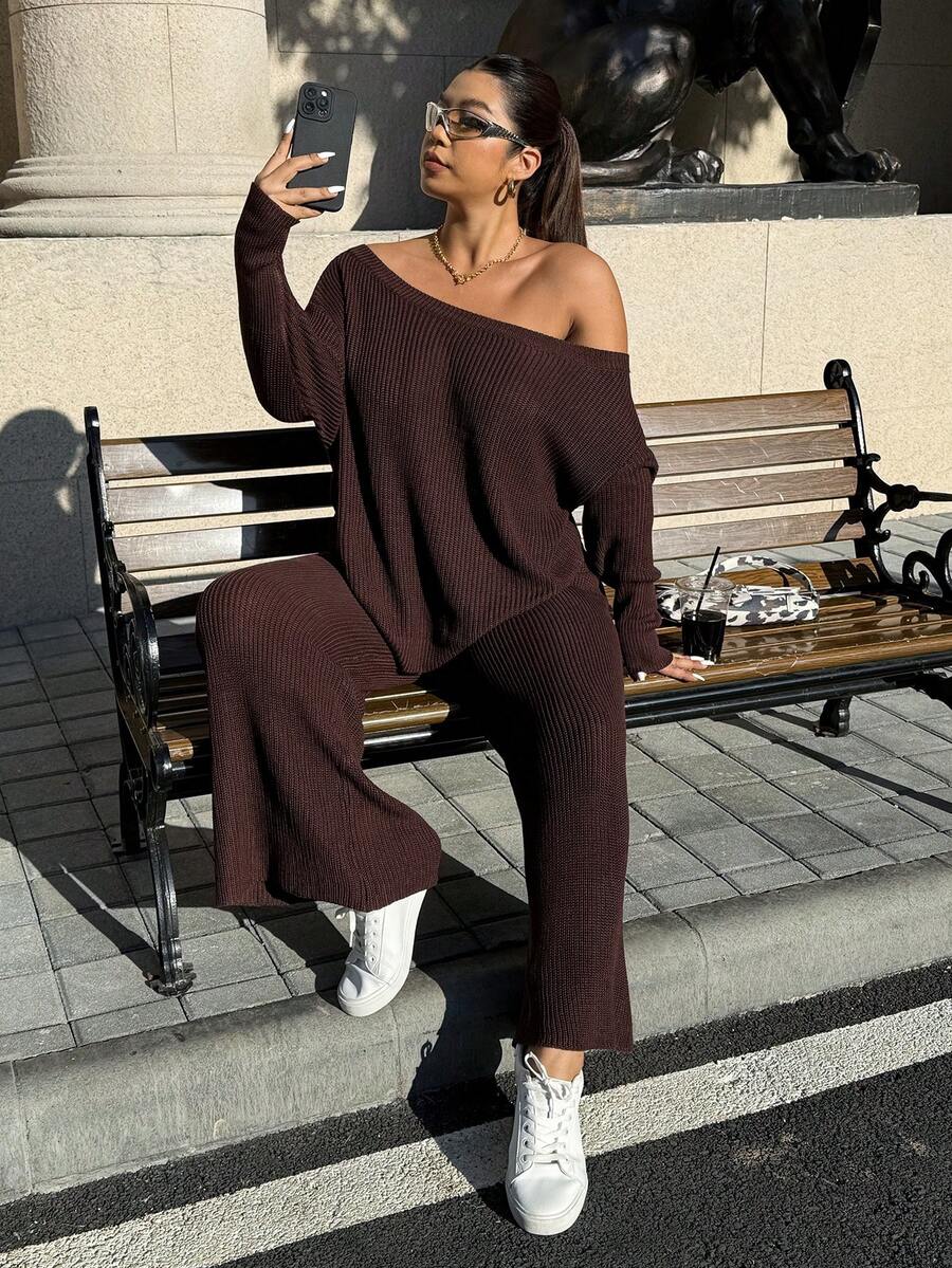 Muchica Plus Size Asymmetric Collar Long Sleeve Sweatshirt And Pants Casual Suit - Brown - View 1