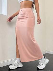 SHEIN EZwear 女款純色百褶開衩裙，休閒百褶開衩大腿長度修身自然西瓜粉色裙，春秋季，休閒日常穿著 - 西瓜粉 - 查看 3