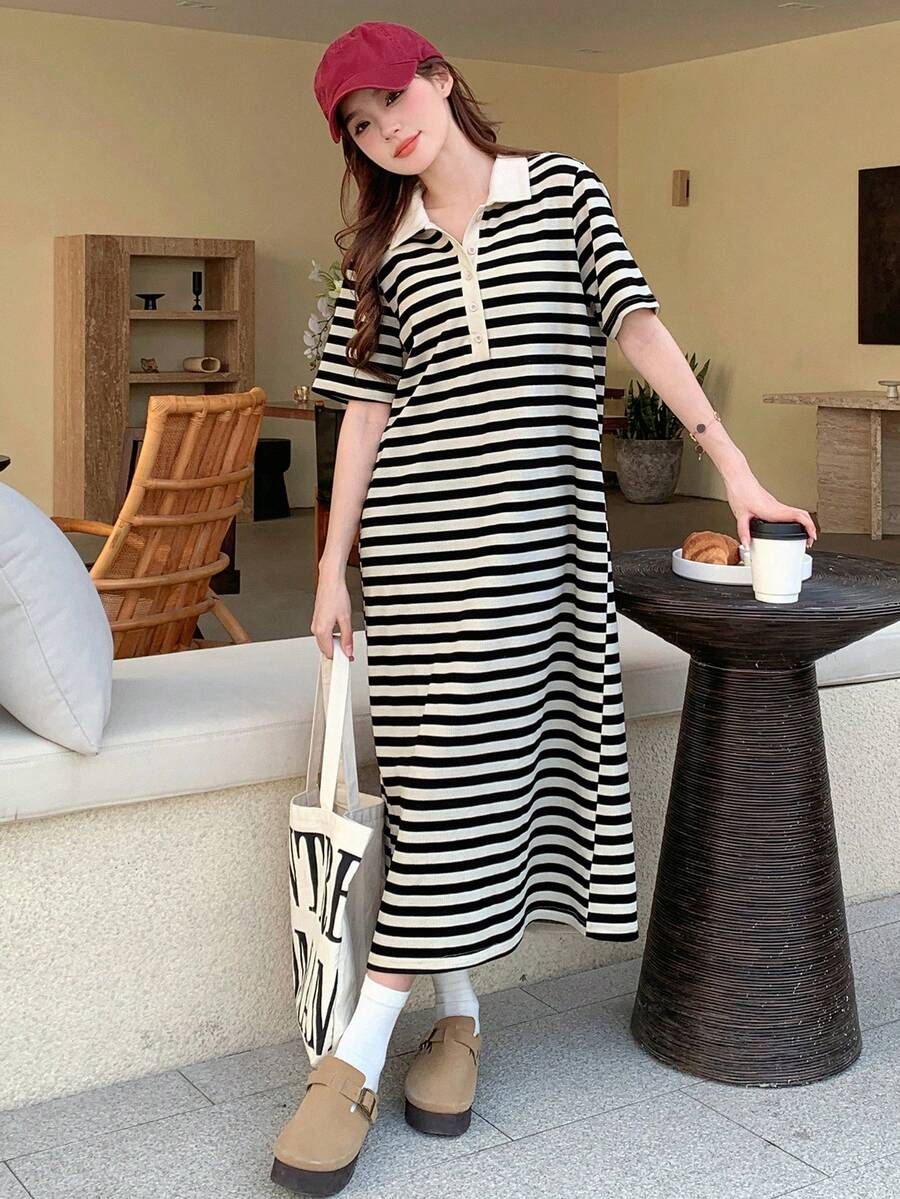 DAZY 女士翻领条纹韩版中长连衣裙 - 黑與白 - 查看 1