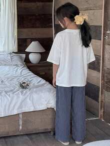 DAZY Tween Girl Solid Color Round Neck Short Sleeve Top And Striped Pants Pajama Set - White - View 2