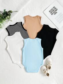 SHEIN Playful Pals Bộ 5 quần áo trẻ sơ sinh cho bé trai, kiểu dáng thường ngày, kẻ sọc, họa tiết động vật, không tay, cổ tròn, ôm sát, chất liệu mềm mại, dày dặn, thích hợp cho mùa hè, xuân và nghỉ lễ. - Nhiều màu - Xem 2