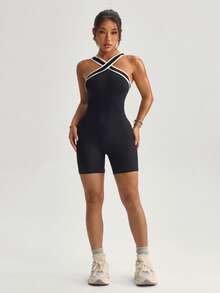 Dewbera 露背撞色滚边紧身无袖连体裤 - 黑色 - 查看 6