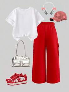 SHEIN ChillGRL 2 件套青少年女孩休闲 T 恤和工装裤套装，蝴蝶刺绣图案圆领短袖 T 恤和裤子，春夏季时尚服装 - 紅色 - 查看 2