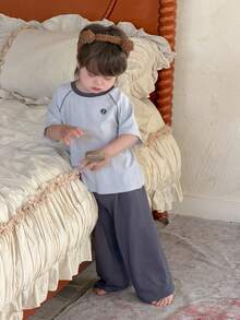 DAZY 2pcs/Set Toddler Boys' Casual Round Neck Short Sleeve T-Shirt And Pants, Comfortable Korean Style Loungewear - Baby Blue - View 7