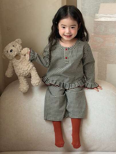 DAZY 2件套女婴格子圆领舒适韩版衬衫和裤子家居服套装