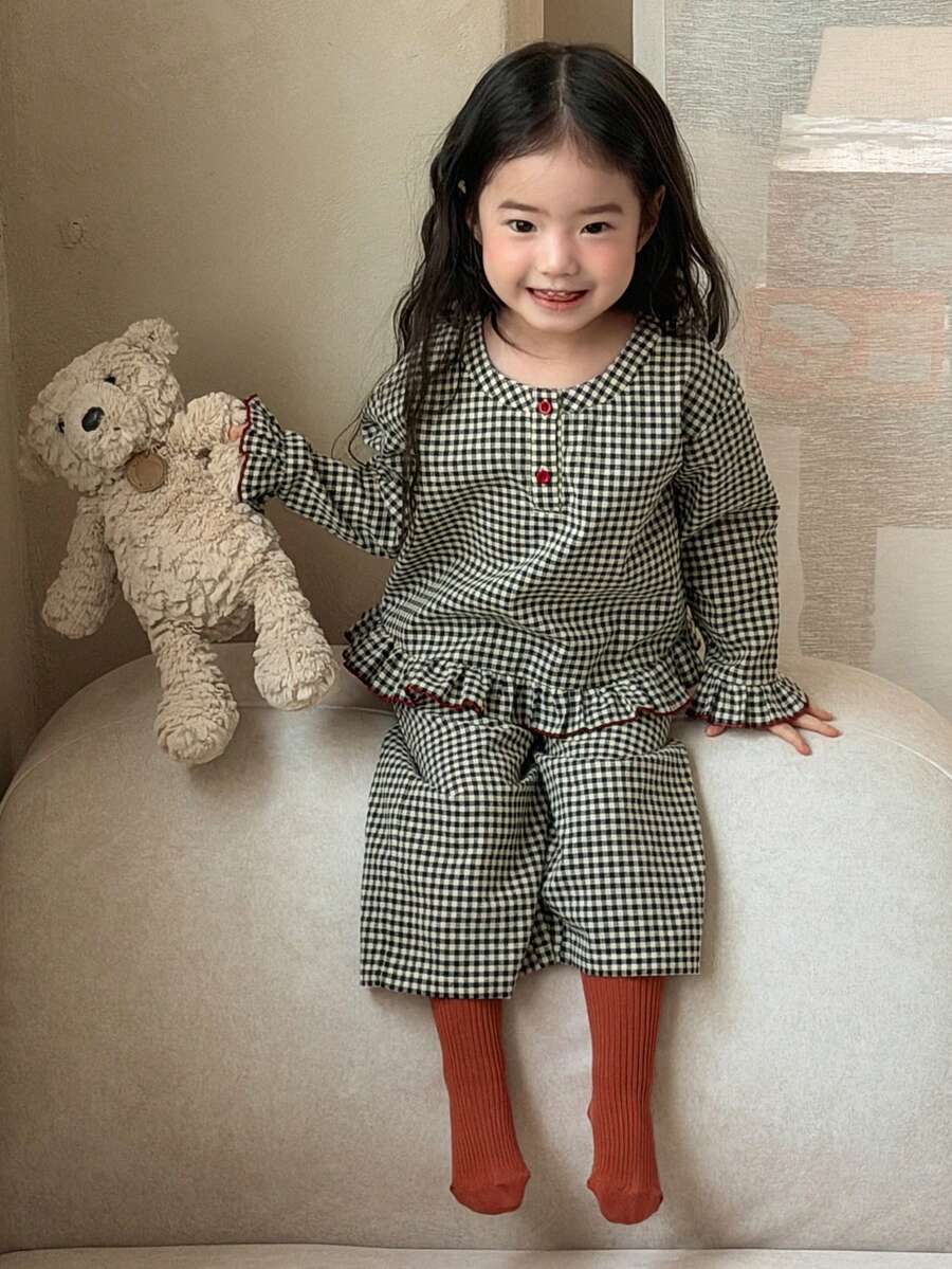 DAZY 2 pièces Ensemble de chemise et pantalon d'intérieur pour bébé fille, style coréen, col rond, carreaux, confortable - Noir et Blanc - Voir 1