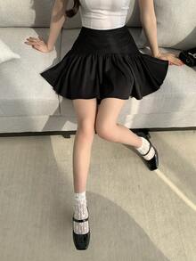FRIFUL Women's Super Short Mini Ruffled Hem Pleated Sweet A-Line Skirt, Summer Outfit - Black - View 8