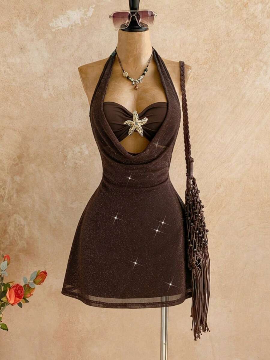 Elamini Women's Vintage Chic Fitted Elegant Dress, Comfortable & Versatile, Suitable For Spring Outings - Brown - View 1