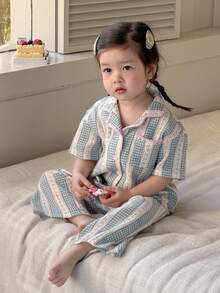 DAZY 2pcs/Set Toddler Girls' Fresh Korean Style Shirt And Pants Pajama Set - Baby Blue - View 1
