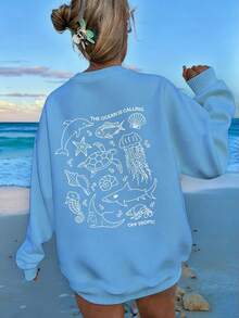 Sundraya 女士休闲度假通勤宽松圆领卫衣，饰有海洋生物标语印花，适合春秋季穿着 - 彩色 - 查看 1
