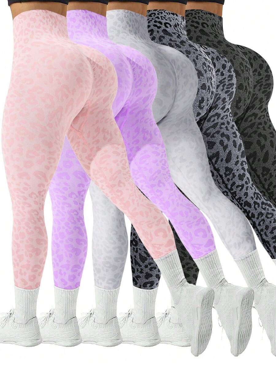 Sovereign Charm 无缝高弹力运动紧身裤，提花豹纹瑜伽女裤 - 淺粉色 - 查看 1