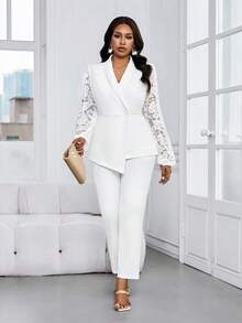 SHEIN Lady 大码女式撞色蕾丝长袖外套和裤子优雅套装 - 白色 - 查看 3