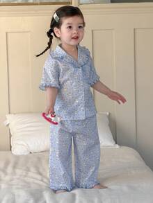 DAZY Bộ đồ ngủ 2 mảnh thoải mái kiểu Hàn Quốc cổ bẻ in hình hoạt hình cún con cho bé gái - Màu xanh nhạt - Xem 8