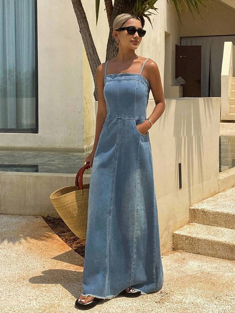Tall Women's Fringe Trim Vacation Style Denim Jumpsuit Dress Spring Summer