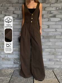 DAZY Women's V-Neck Urban Casual Denim Bib Pants And Jumpsuit - Coffee Brown - View 1