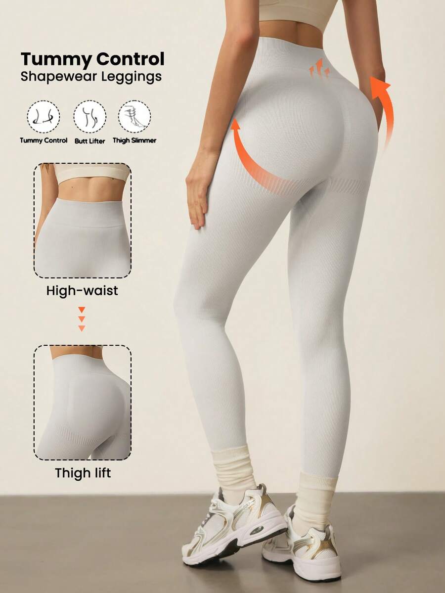 SHEIN Dewbera Solid Color Casual Slim-Fit High Waist Seamless Textured Leggings - Light Grey - View 1