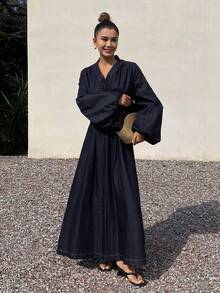 Livesso Women's V-Neck Ruched Waist Puff Sleeve Denim Dress - Blue - View 6