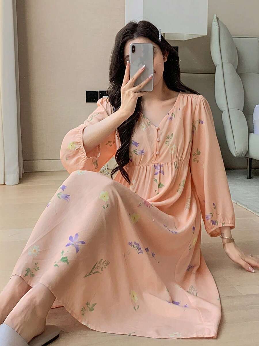 DAZY 女士碎花睡裙，春季 - 橘色 - 查看 1