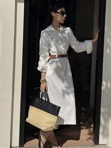 DAZY 春季女士休闲白色口袋翻领系带中长连衣裙 - 白色 - 查看 3