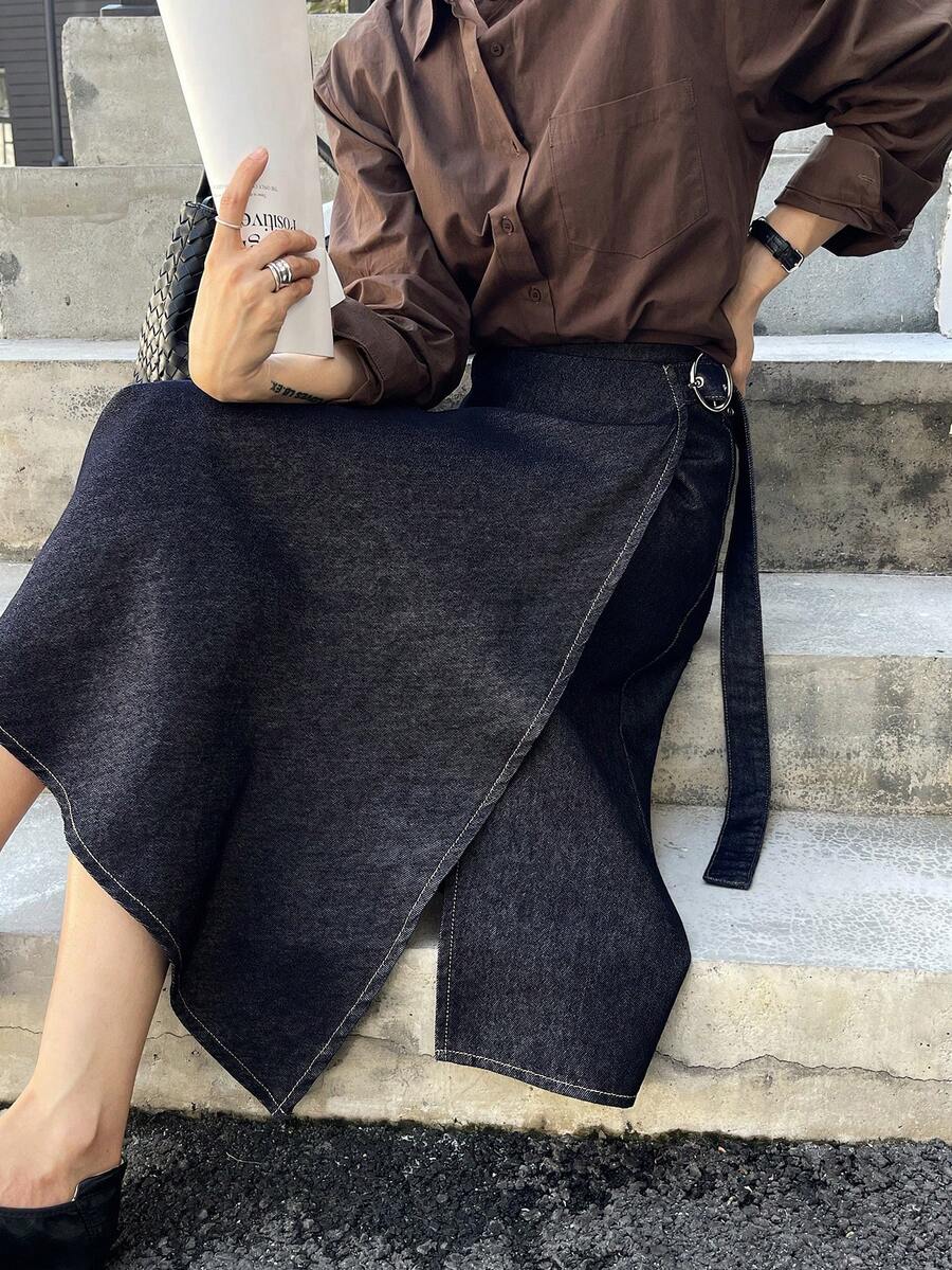 DAZY 西部牛仔风A字型长款牛仔裙，女士休闲款，春秋季 - 藍色 - 查看 1