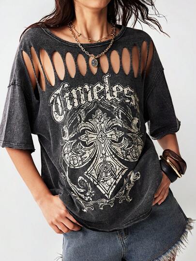 Bohemela Camiseta suelta de mujer de punto de unicolor con cuello redondo y manga corta