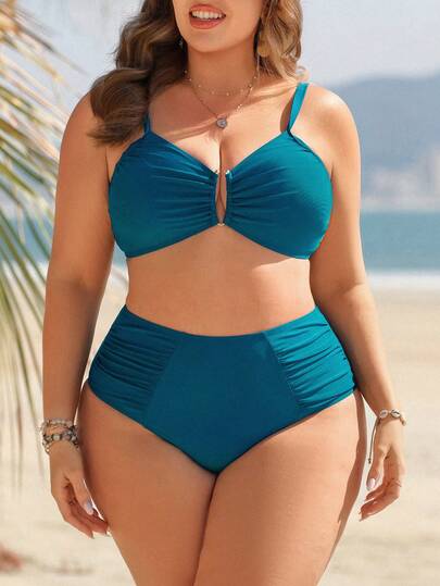 Swim Lushoire 大码女士简约纯色褶皱比基尼套装，性感海滩度假风