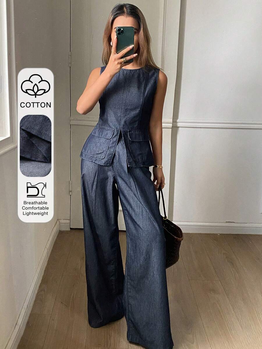 DAZY Conjunto casual de chaleco de mezclilla sin mangas de cuello redondo y pantalones vaqueros rectos y sueltos para mujer - Azul lavado oscuro - Ver 1