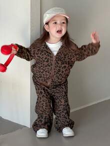 DAZY 2 st set med leopardmönster, tröja och lösa byxor för babyflickor, vår/höst - Brun - Visa 7
